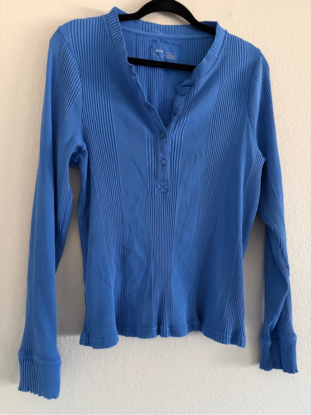 Aerie Henley Long Sleeve Top Periwinkle Blue Rib Knit Comfy Classic